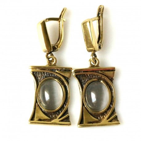Brass earrings with a cat's eye stone ŽA181