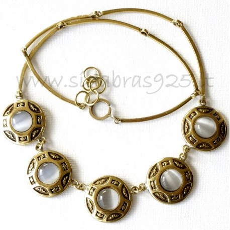 Brass necklace with Cat's Eye stones ŽK257