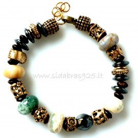 Bronze single-piece bracelet with natural stones Agate and Hematite