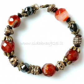 Bronze one-piece bracelet with natural stones Carnelian and Hematite