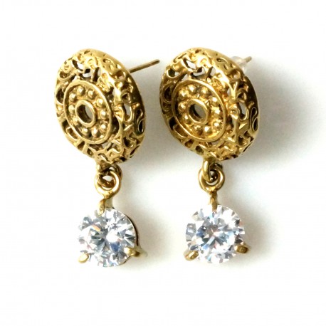 Brass earrings, openwork with white zircon ŽA